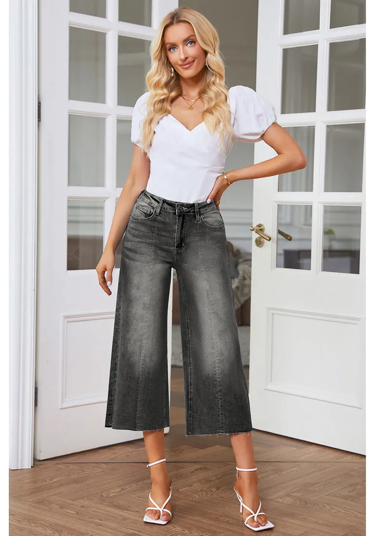 Gray Women's High Waisted Denim Capri Pants Seamed Front Raw Hem