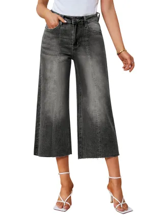Gray Women's High Waisted Denim Capri Pants Seamed Front Raw Hem