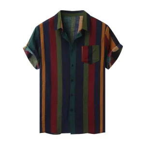 Hawaii Men Shirt Blouse Multicolor stripes Loose Short Sleeve