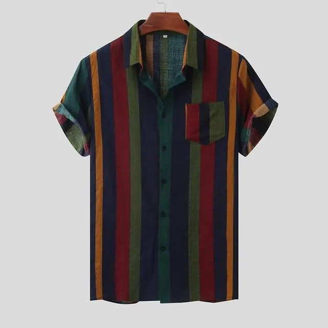 Hawaii Men Shirt Blouse Multicolor stripes Loose Short Sleeve