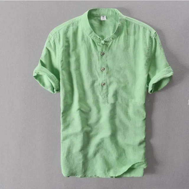 Helisopus Men Casual Cotton Linen Shirts Summer Brand Short Sleeve Shirt Mandarin Collar Solid Color Retro Shirt Tees
