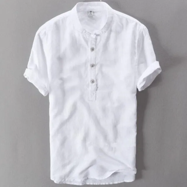 Helisopus Men Casual Cotton Linen Shirts Summer Brand Short Sleeve Shirt Mandarin Collar Solid Color Retro Shirt Tees