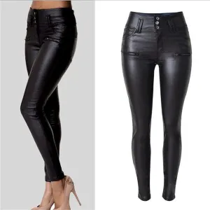 High Waist PU Leather Black Pants
