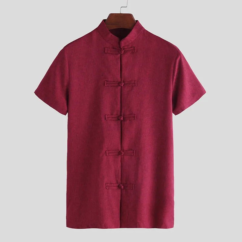INCERUN Men Shirt Button Stand Collar Short Sleeve Casual Shirts