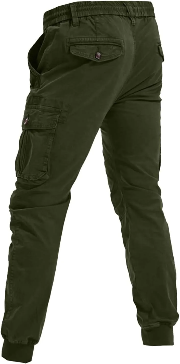 Jogger Cargo Pants Men Elastic Waist Work Pants Casual Plain Tapered Trousers Outdoor Sports Pants with Button Pocket