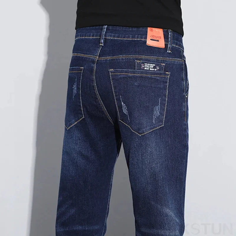 KSTUN Blue Stretch Jeans For Men Slim Straight Casual Male Denim Pants Mens Desinger Pockets Men's Clothing Full Length Trousers