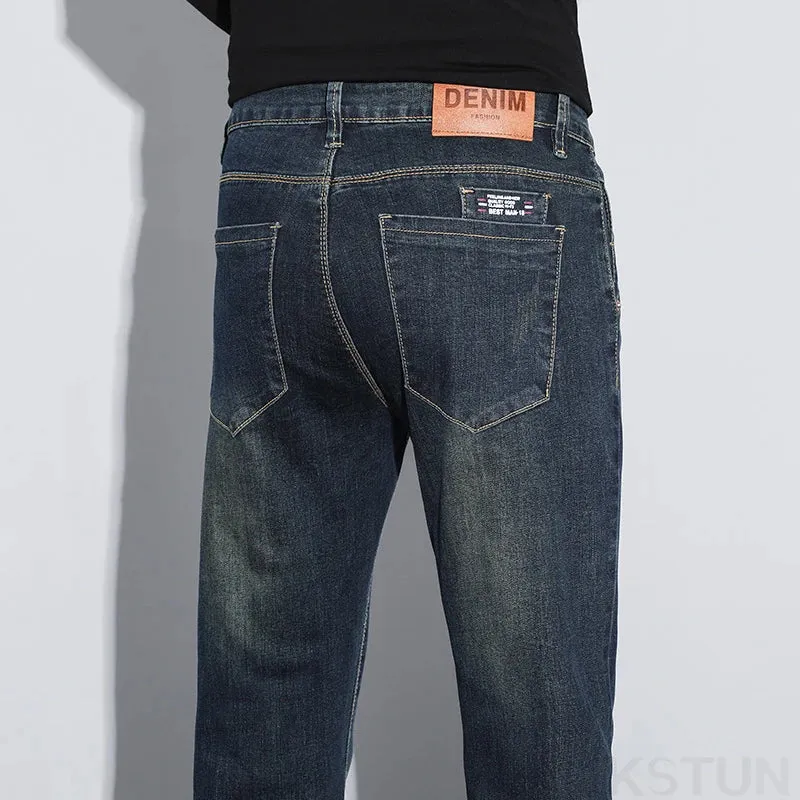 KSTUN Blue Stretch Jeans For Men Slim Straight Casual Male Denim Pants Mens Desinger Pockets Men's Clothing Full Length Trousers