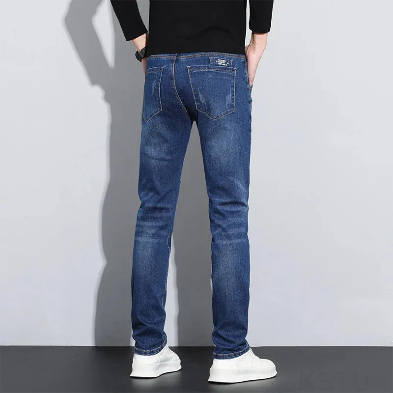 KSTUN Blue Stretch Jeans For Men Slim Straight Casual Male Denim Pants Mens Desinger Pockets Men's Clothing Full Length Trousers