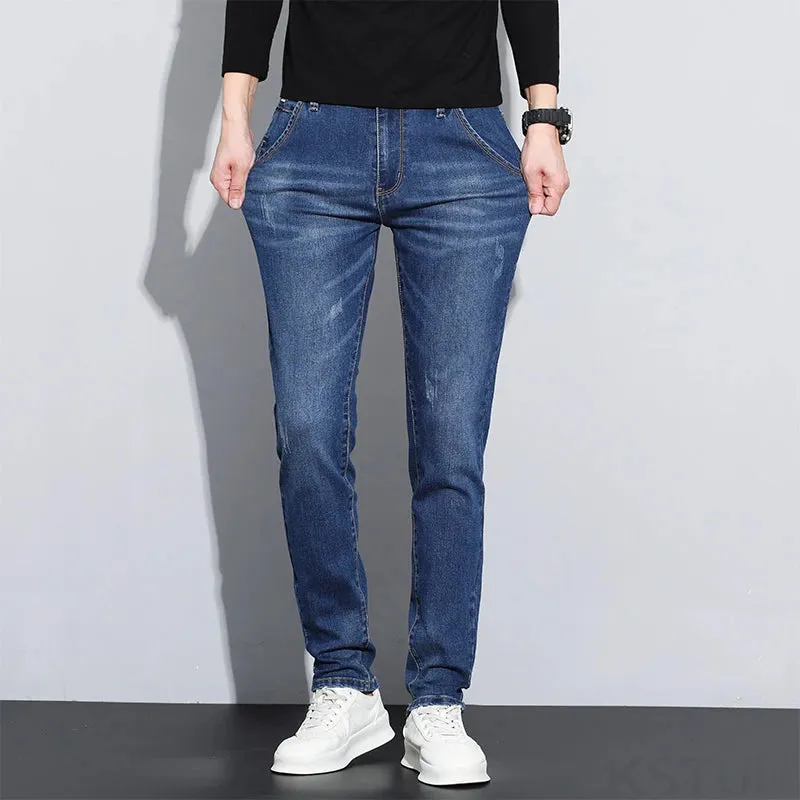 KSTUN Blue Stretch Jeans For Men Slim Straight Casual Male Denim Pants Mens Desinger Pockets Men's Clothing Full Length Trousers