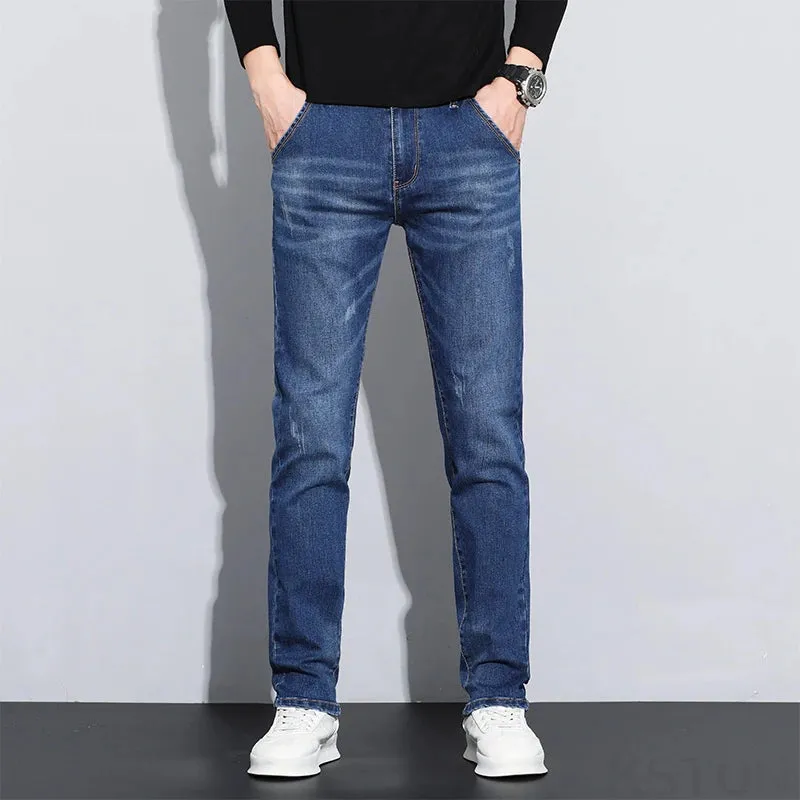 KSTUN Blue Stretch Jeans For Men Slim Straight Casual Male Denim Pants Mens Desinger Pockets Men's Clothing Full Length Trousers