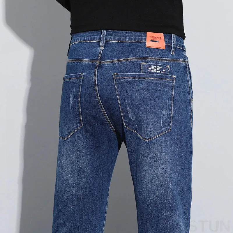 KSTUN Blue Stretch Jeans For Men Slim Straight Casual Male Denim Pants Mens Desinger Pockets Men's Clothing Full Length Trousers