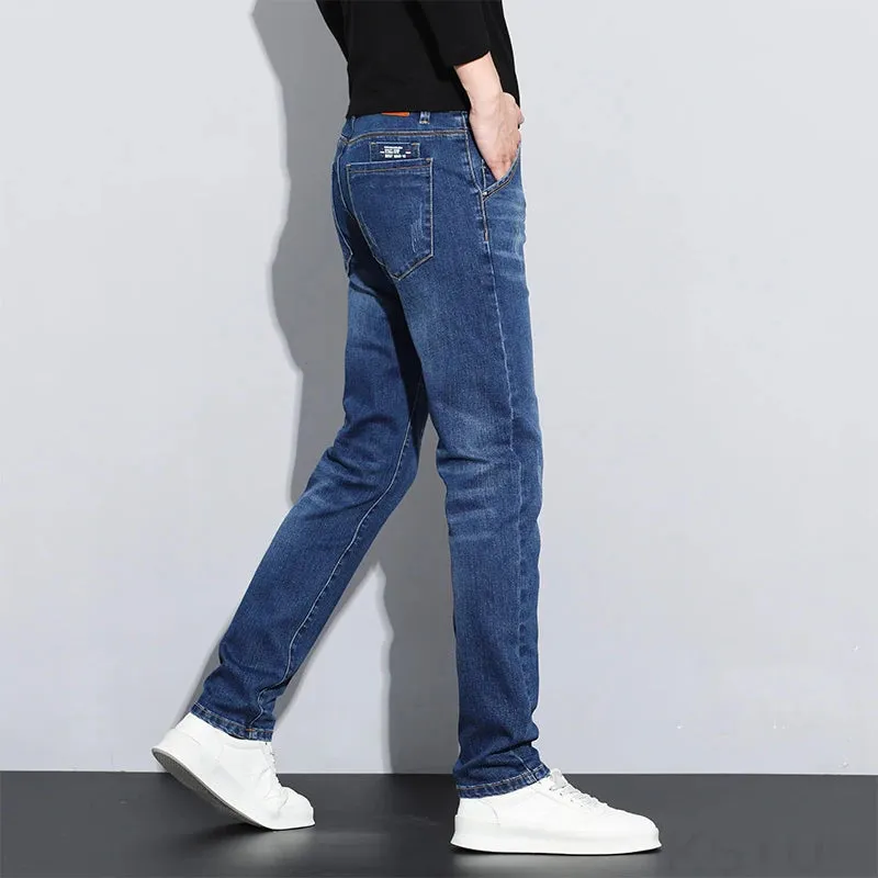 KSTUN Blue Stretch Jeans For Men Slim Straight Casual Male Denim Pants Mens Desinger Pockets Men's Clothing Full Length Trousers