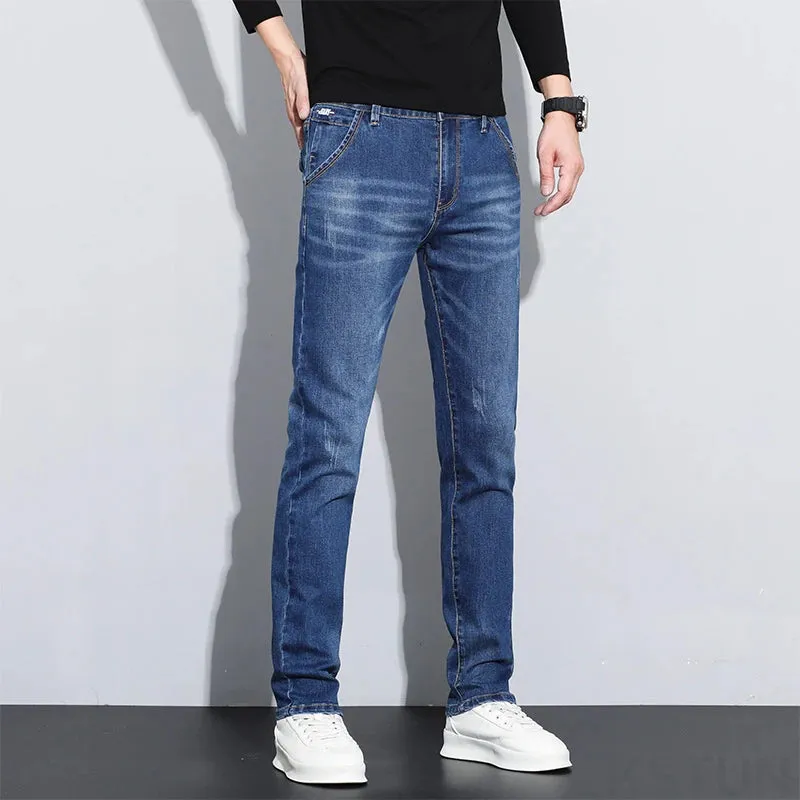 KSTUN Blue Stretch Jeans For Men Slim Straight Casual Male Denim Pants Mens Desinger Pockets Men's Clothing Full Length Trousers