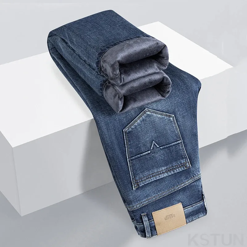 KSTUN Warm Jeans Men Straight Cut Fleece Denim Pants Stretch Winter Trousers Thicken 2024 Men's Clothing Business Casual Homme