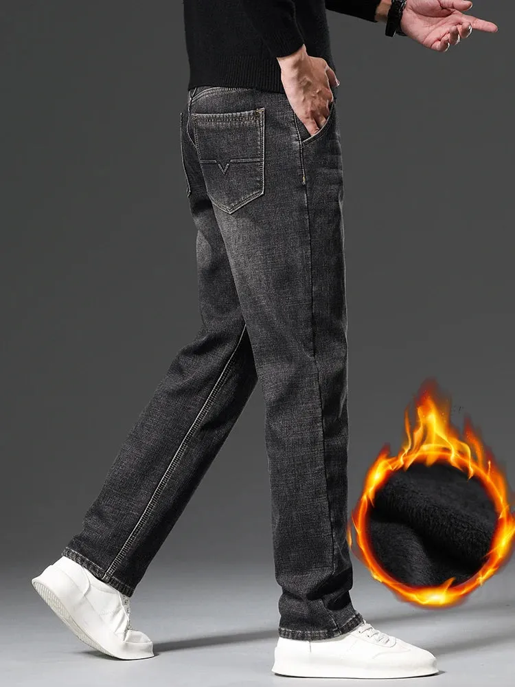 KSTUN Warm Jeans Men Straight Cut Fleece Denim Pants Stretch Winter Trousers Thicken 2024 Men's Clothing Business Casual Homme