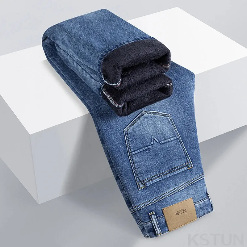 KSTUN Warm Jeans Men Straight Cut Fleece Denim Pants Stretch Winter Trousers Thicken 2024 Men's Clothing Business Casual Homme