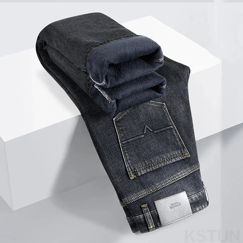 KSTUN Warm Jeans Men Straight Cut Fleece Denim Pants Stretch Winter Trousers Thicken 2024 Men's Clothing Business Casual Homme
