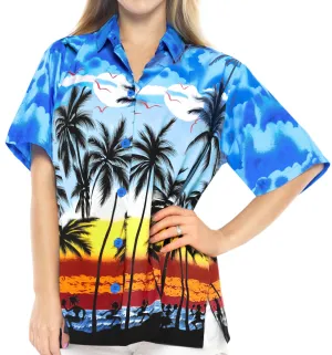 LA LEELA Women Hawaiian Shirt Beach Blouses Tank Top Aloha Boho Casual Holiday Button Up - w959