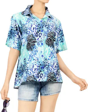 La Leela Women's Animal Print Hawaiian Aloha Tropical Beach  Short Sleeve Relaxed Fit Blouse Printed Shirt Blue