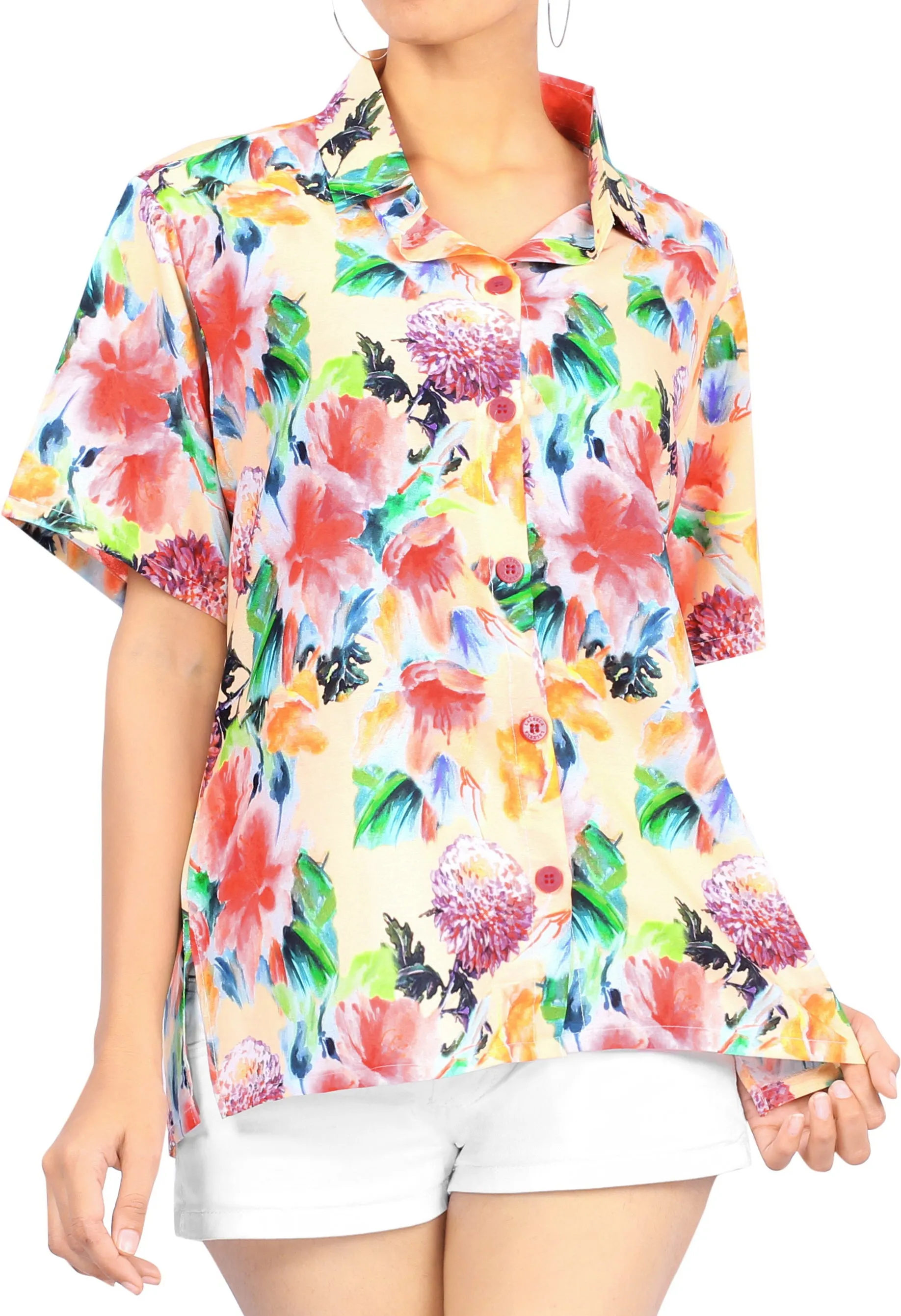 La Leela Women's Exotic Hawaiian Relaxed fit Beach Aloha Tropical Beach  Short Sleeve Blouse Printed Shirt Peach Green
