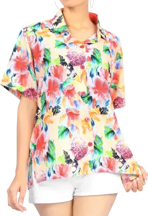 La Leela Women's Exotic Hawaiian Relaxed fit Beach Aloha Tropical Beach  Short Sleeve Blouse Printed Shirt Peach Green