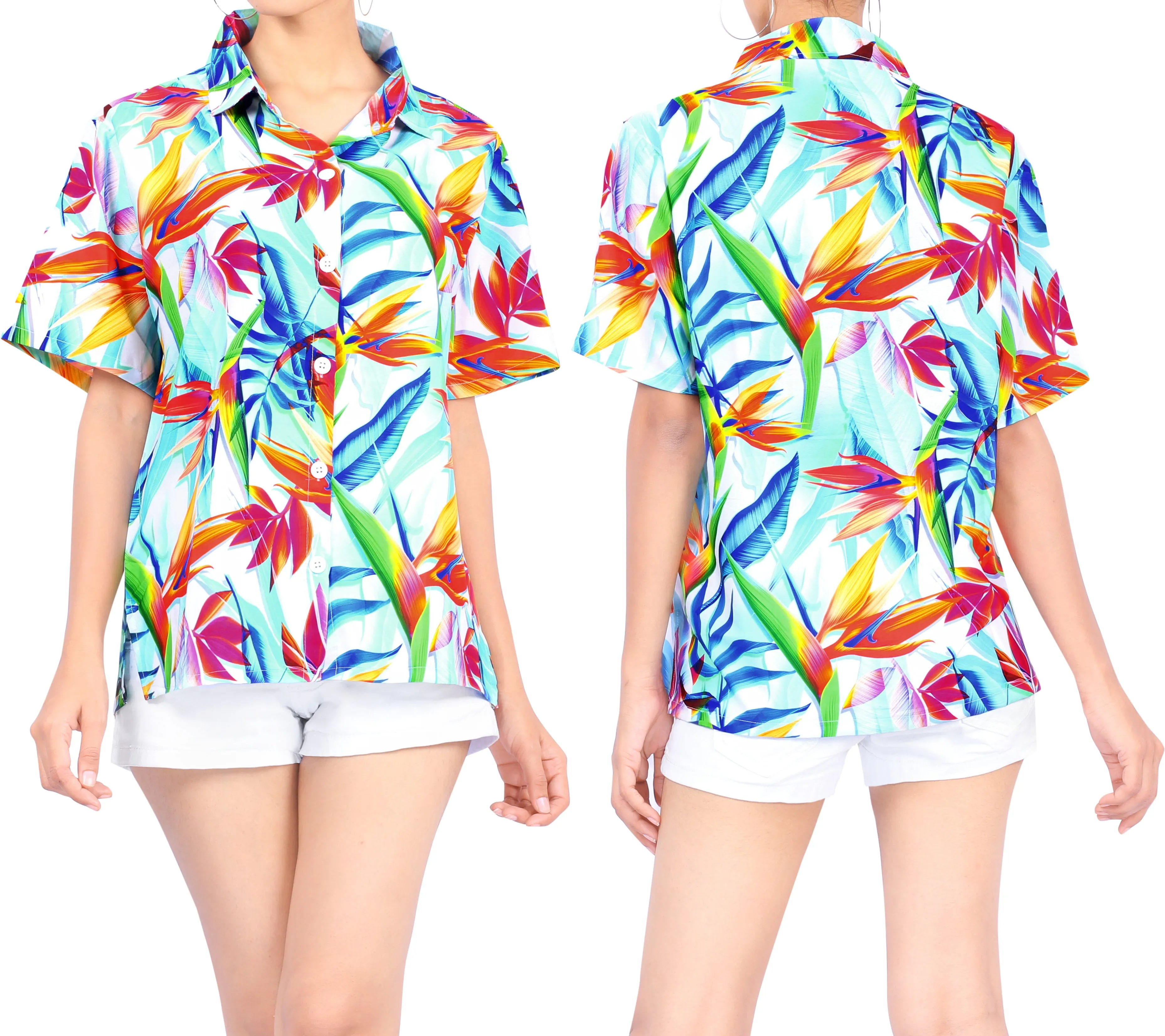 La Leela Women's Exotic Tropical Flower Azure Aloha Relaxed fit Beach Hawaiian Short Sleeve Blouse Printed Shirt White Blue Orange