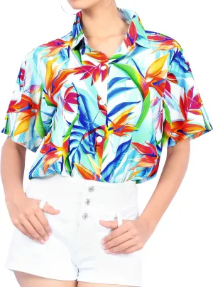 La Leela Women's Exotic Tropical Flower Azure Aloha Relaxed fit Beach Hawaiian Short Sleeve Blouse Printed Shirt White Blue Orange