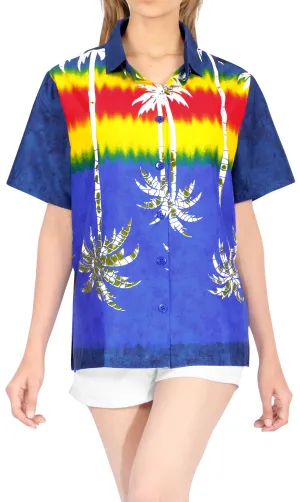 La Leela Women's Palm Tree Print Relaxed fit Hawaiian Aloha Tropical Beach Blouse  Short Sleeve Printed Shirt New Age Blue