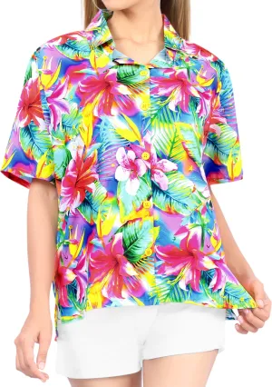 La Leela Women's Support Pink Breast Cancer Relaxed fit Beach Hawaiian Hibiscus Aloha Tropical Short Sleeve Floral Printed Shirt Hawaiian Pink