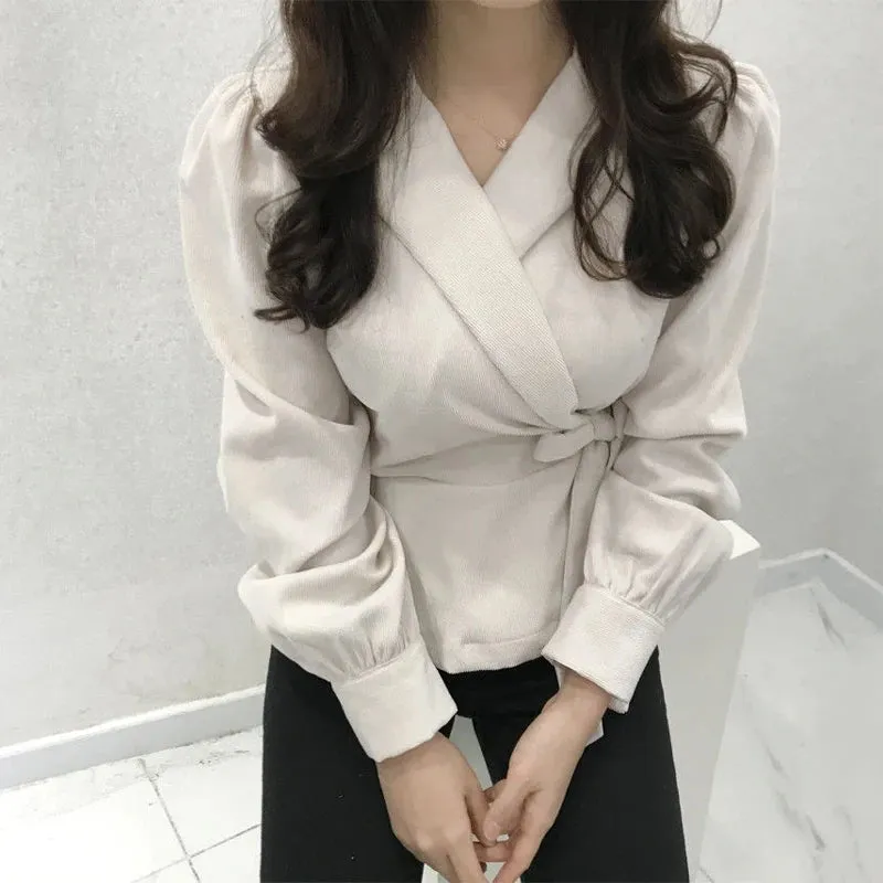 Lady Glams Embrace Autumn Elegance with WENKOUBAN Lace-Up Blouse