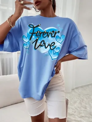 Letter And Heart Print Drop Shoulder Tee