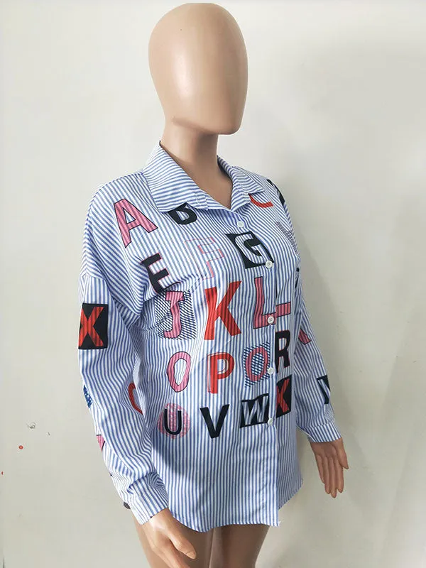 Letters Printed Striped Blue Shirts #Striped #Print