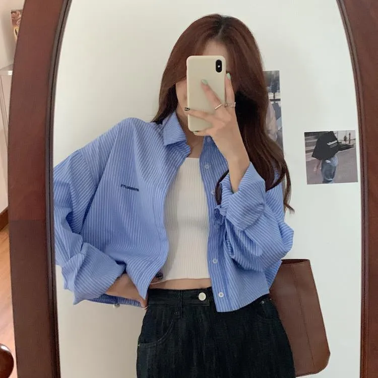 Long Sleeve Striped Cropped Blouse Shirts