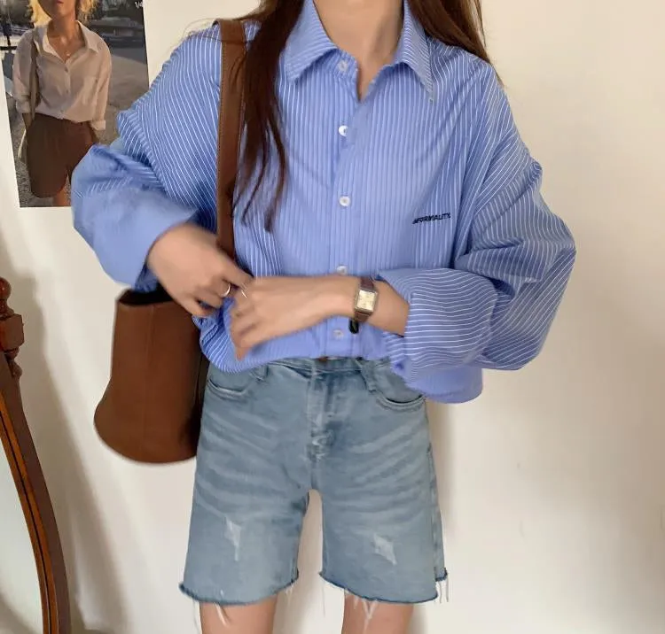 Long Sleeve Striped Cropped Blouse Shirts