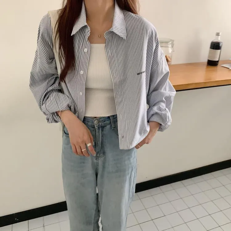 Long Sleeve Striped Cropped Blouse Shirts