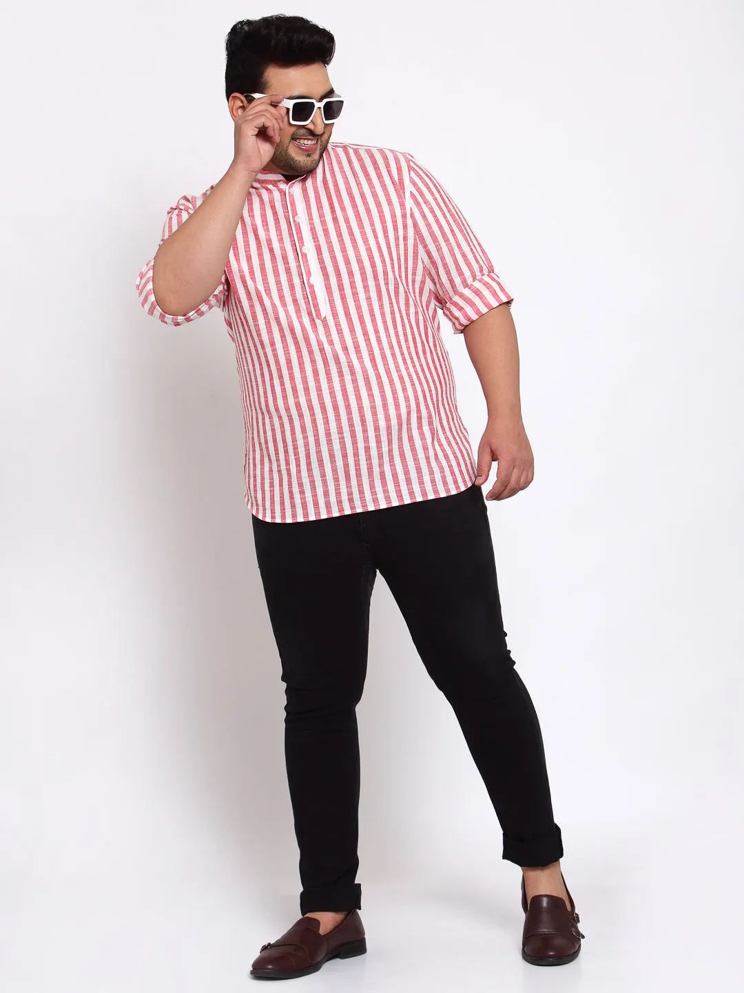 Men Pink Striped Straight Kurta