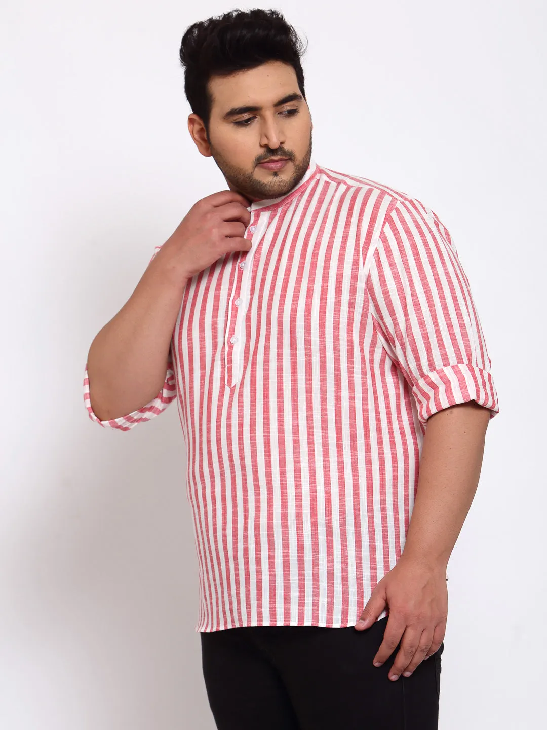 Men Pink Striped Straight Kurta