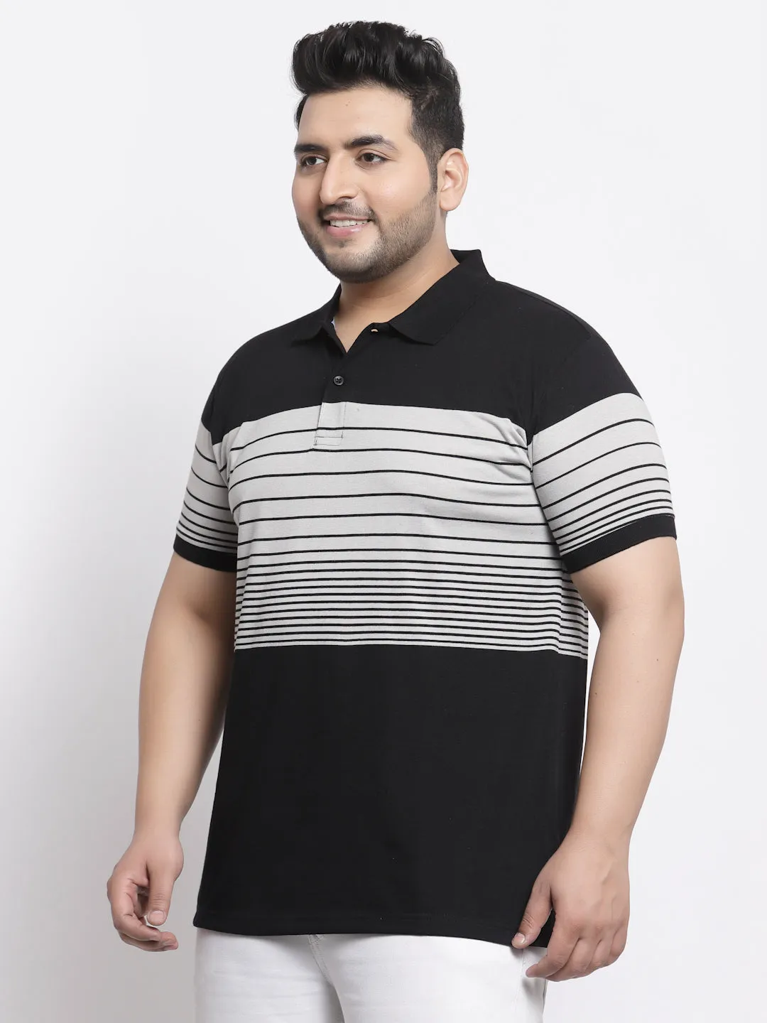 Men Plus Size Black & White Striped Polo Collar Cotton T-shirt