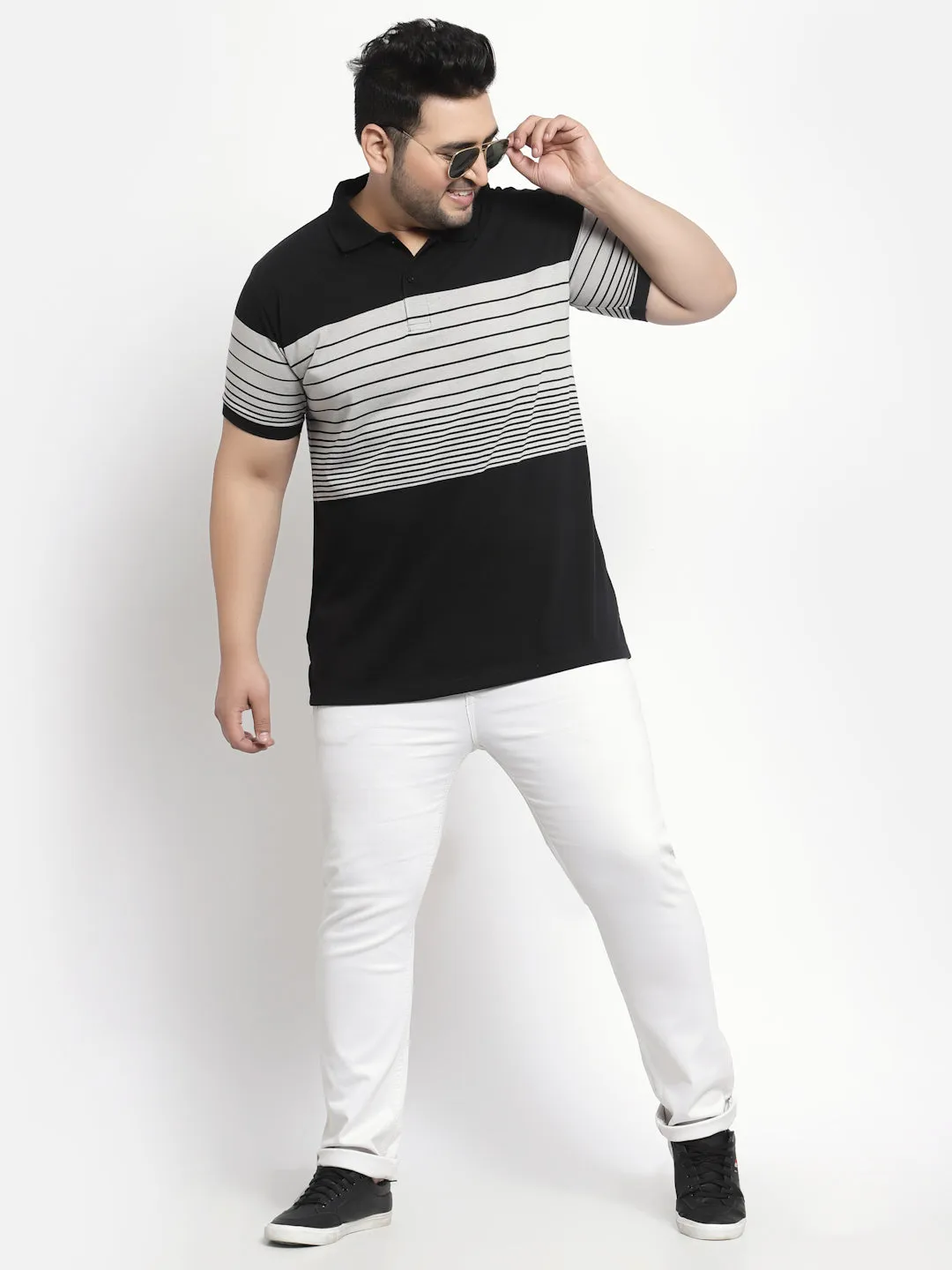 Men Plus Size Black & White Striped Polo Collar Cotton T-shirt