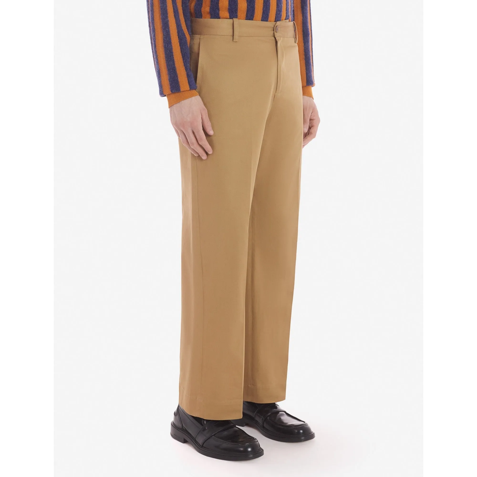Men Wide Leg Chino Pants In Cotton With Logo Handwriting - Beige