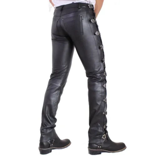 Men's Black Genuine Leather Buckled Jeans pants