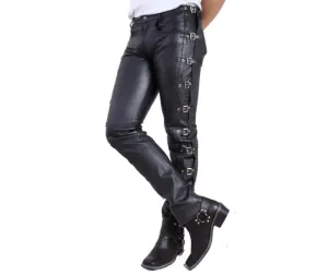 Men's Black Genuine Leather Buckled Jeans pants