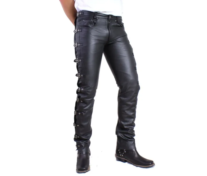 Men's Black Genuine Leather Buckled Jeans pants
