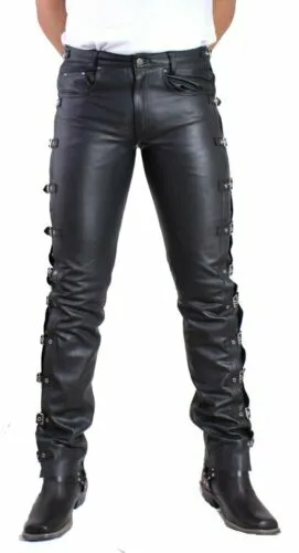 Men's Black Genuine Leather Buckled Jeans pants