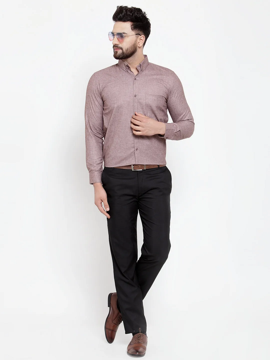 Men's Brown Cotton Solid Button Down Formal Shirts ( SF 753Mauve ) - Jainish