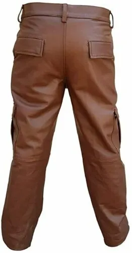 Men's Brown Genuine Leather Cargo Pants Biker Trouser