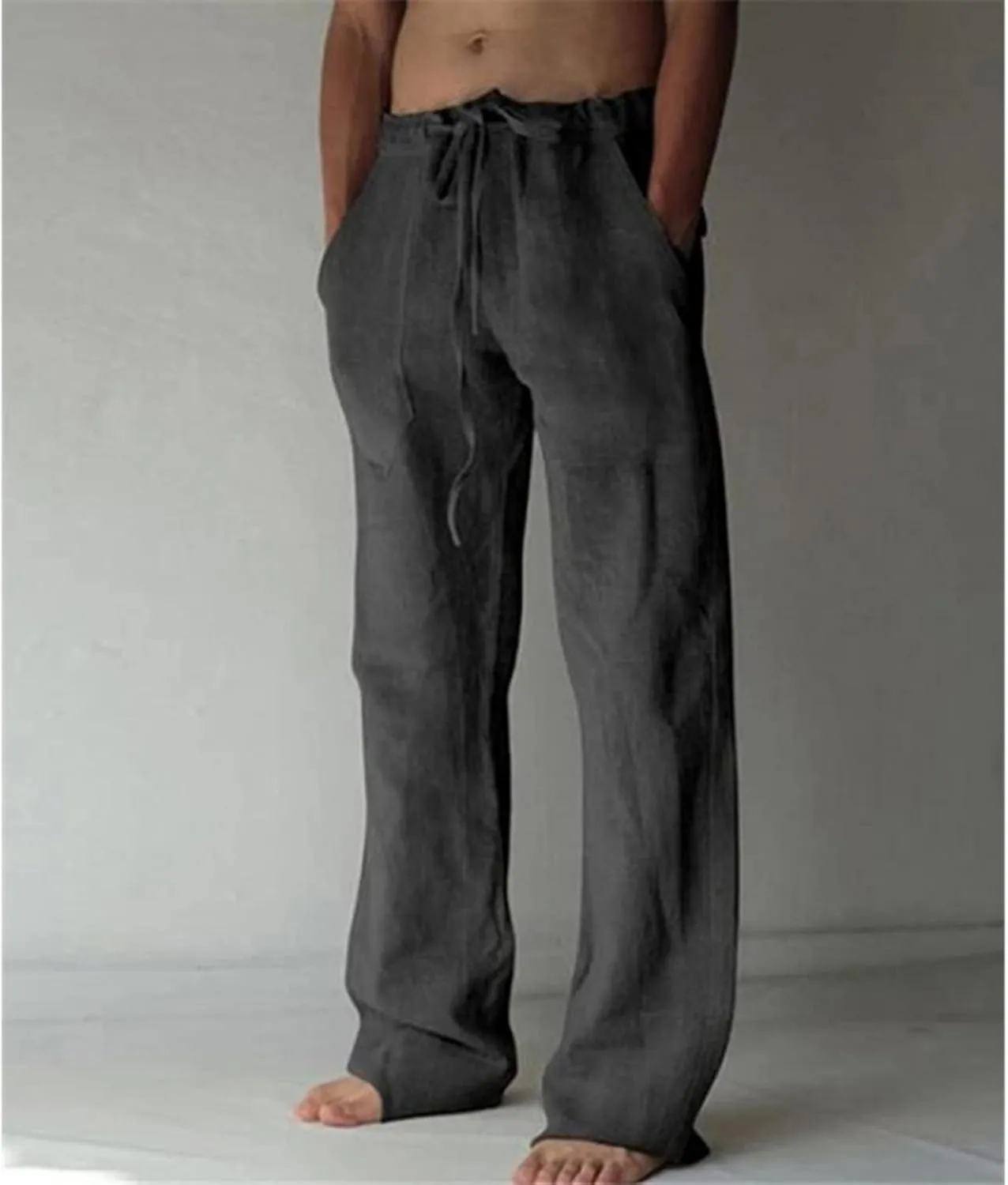 Men's Cotton Linen Drawstring Pants High-Waisted Loose Fit Wide Leg Trousers Breathable Casual Wear with Drawstrings