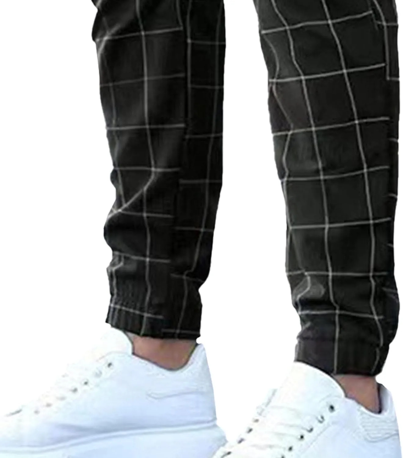 Mens Fashion Plaid Casual Feet Pants Skinny Pencil Jeans Tapered Pant Slim Fit Business Sports Pants