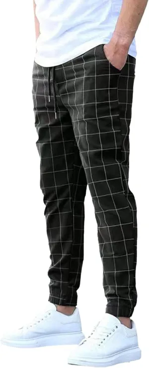 Mens Fashion Plaid Casual Feet Pants Skinny Pencil Jeans Tapered Pant Slim Fit Business Sports Pants