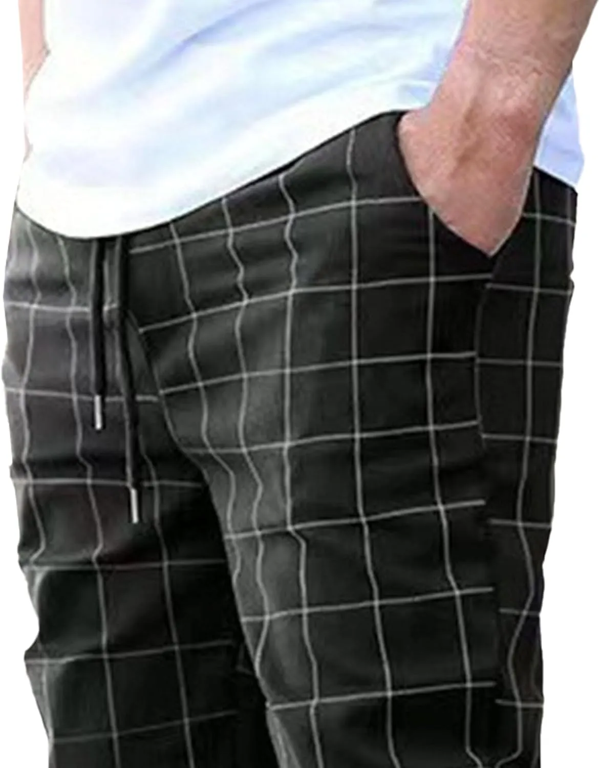 Mens Fashion Plaid Casual Feet Pants Skinny Pencil Jeans Tapered Pant Slim Fit Business Sports Pants